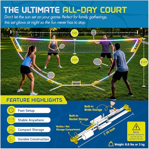 Image of Complete Portable Badminton Set - Quick & Easy Setup - 4 Rackets 2 Birdies Shuttlecock 1 Net & Badmington Pole Frame for Backyard Park & Beach Games Indoor Outdoor