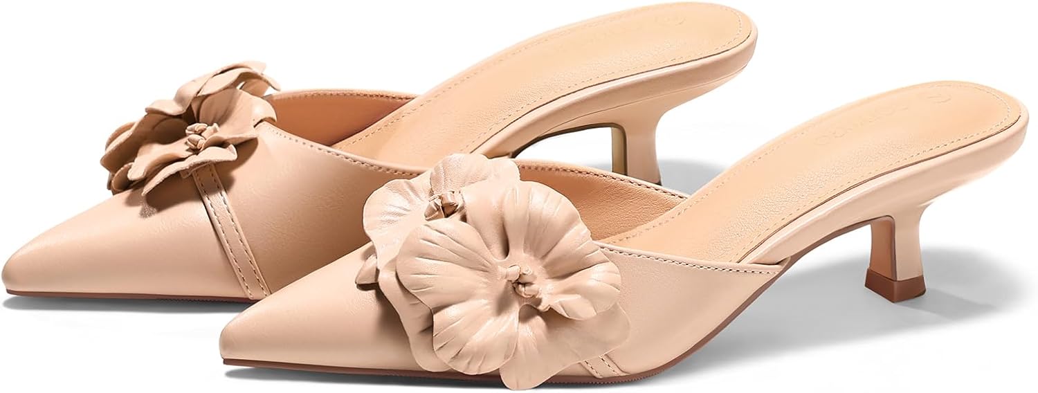 Coutgo Womens Mules Kitten Heels Closed Pointed Toe Pumps Flower Slip On Party Dress Shoes - Image 5