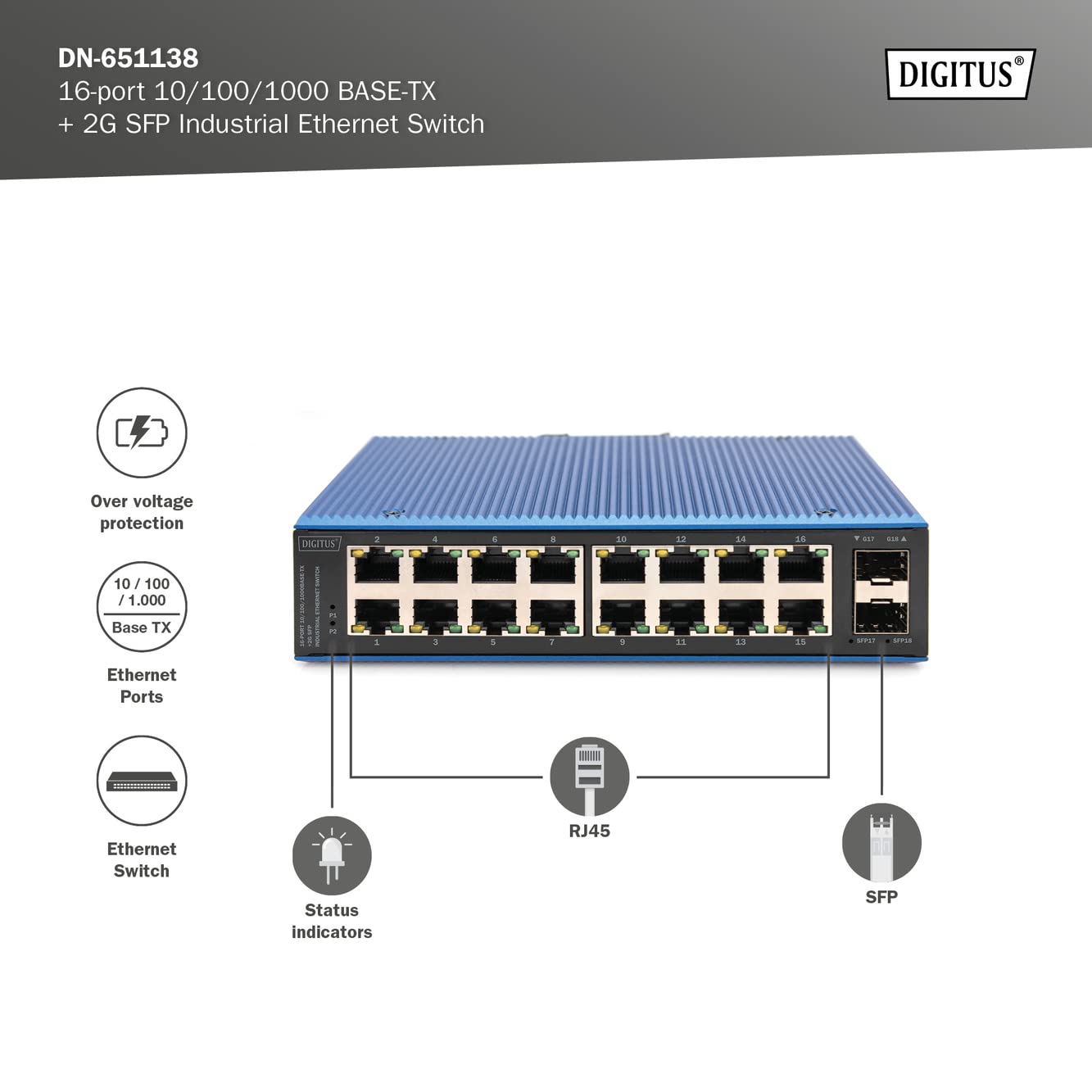 Digitus Industrieller Netzwerk-Switch – 16x RJ45 + 2X SFP-Port –bit/s – Bild 3