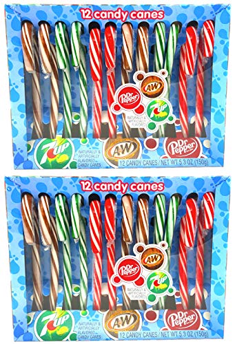Dr. Pepper, 7 Up, and A&W Flavored Christmas Candy Cane â€“ Soda Flavored Candy Canes Pack of 2 â€“ 24 Individually Wrapped Candy Canes