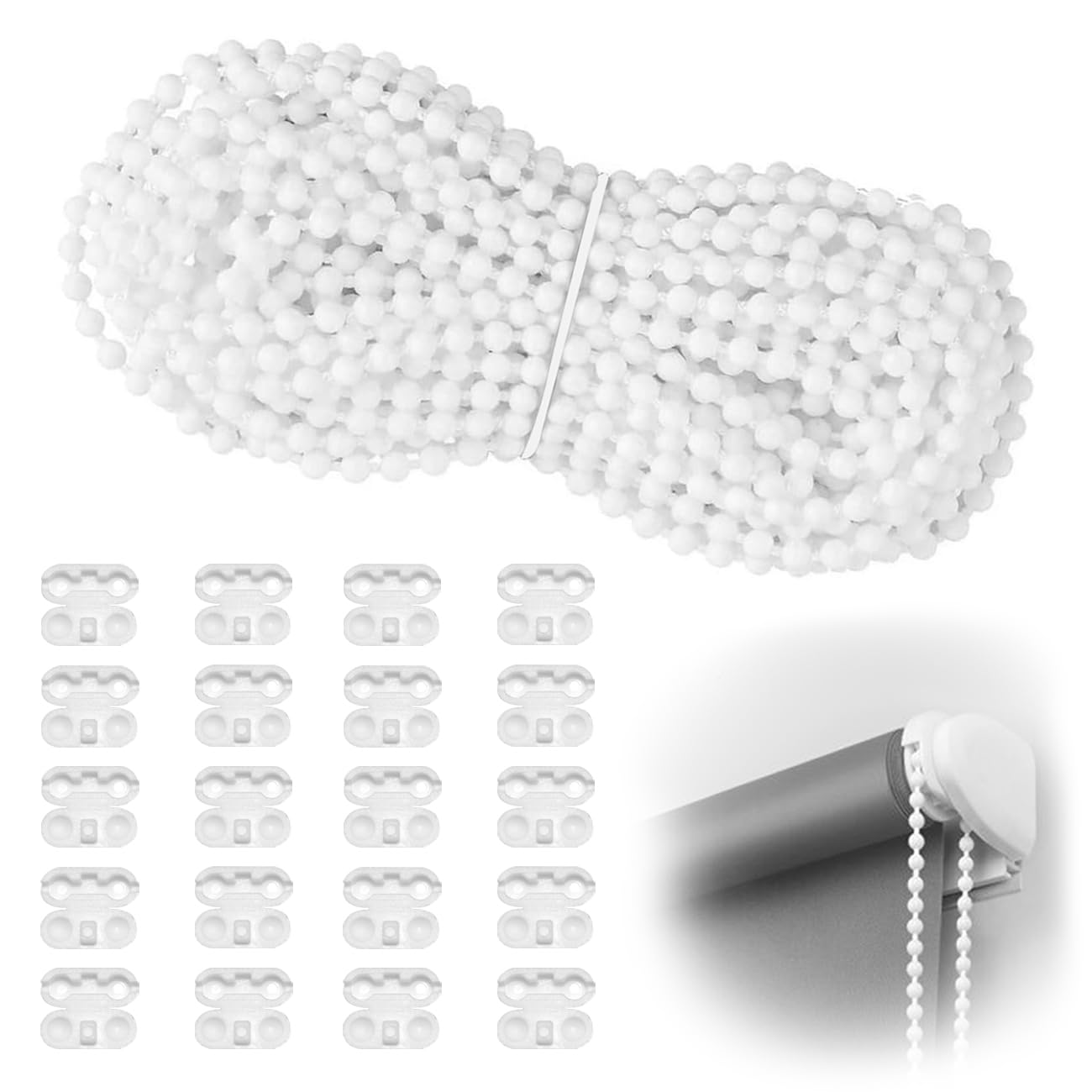 Aifeier ET Blind Bead Chain Cord, Plastic Curtain Beaded Chain Cord with 20pcs Connector Clips Repair for Vertical Roller and Roman Shade Chain Cord (