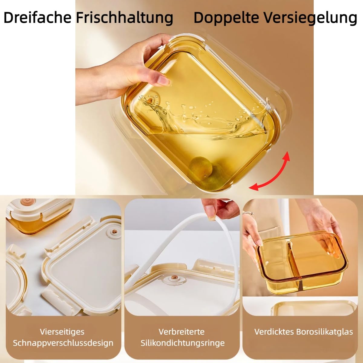 Boîte à goûter en verre compatible micro-ondes avec 3/2/0 compartiments et sac isotherme | Fermeture sur 4 côtés | Verre borosilicate + boîtier en polypropylène | Pour professionnels (grand