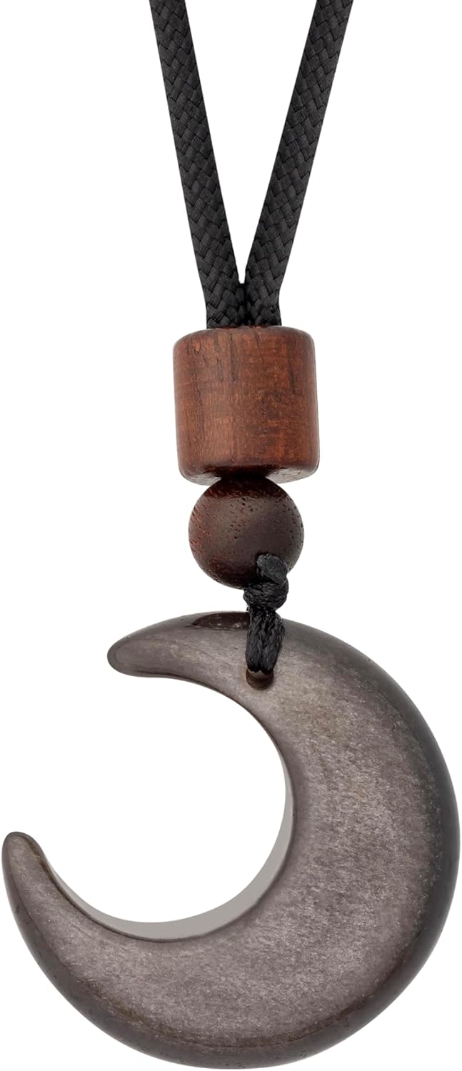 MINACHI Gothic Obsidian Crescent Moon Pendant Necklace with Braided Cord, Goth Celestial Jewelry Gift for Men and womens