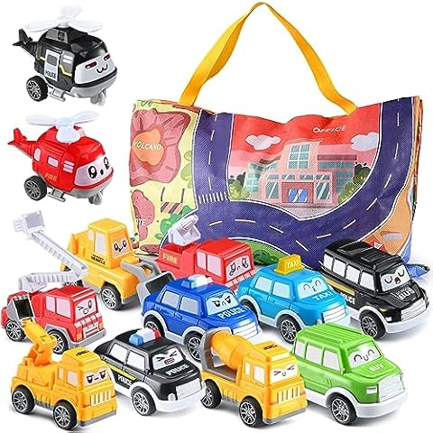 Doloowee Toddler Pull Back Car Toys (12 pcs), Mini Truck Car Toys for 1 Year Old Boy, Baby Toys 12-18 Months with Playmat Storage Bag, Toddler Toys Age 1-3 Cover