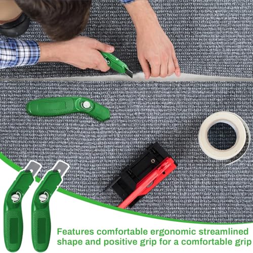 Image of Lasnten 2 Pieces 6 Blades Carpet Knife Heavy Duty Utility Blade Carpet Knife for Cutting Carpets Cutting Knives Razor Tools with Blades for Box Cutter Roofing Purpose, Aluminum (Dark Green)
