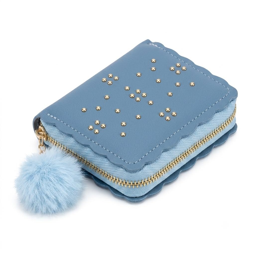 Stylish Studded Small Wallet for Women & Girls Mini PU Leather Coin Purse Zip Around Card Holder with Pom Keychain-picture-21