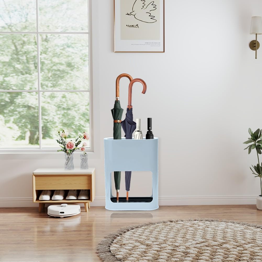 LOMUG Portaombrelli Design Moderno Porta Ombrelli in Metallo, Contenitore per Ombrelli con Vaschetta Scolapioggia Rimovibile, Portaombrelli Autoportante per Casa Ufficio per Ombrelli Lunghi/Corti,Azul