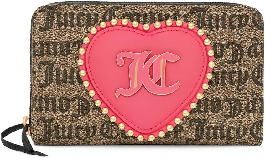 Juicy Couture Love Never Dies Bifold Wallet for Women,Heart Logo Studded Zip Around & Snap Closure, Fashion Card Holder Organizer (Taupe Dark Brown)