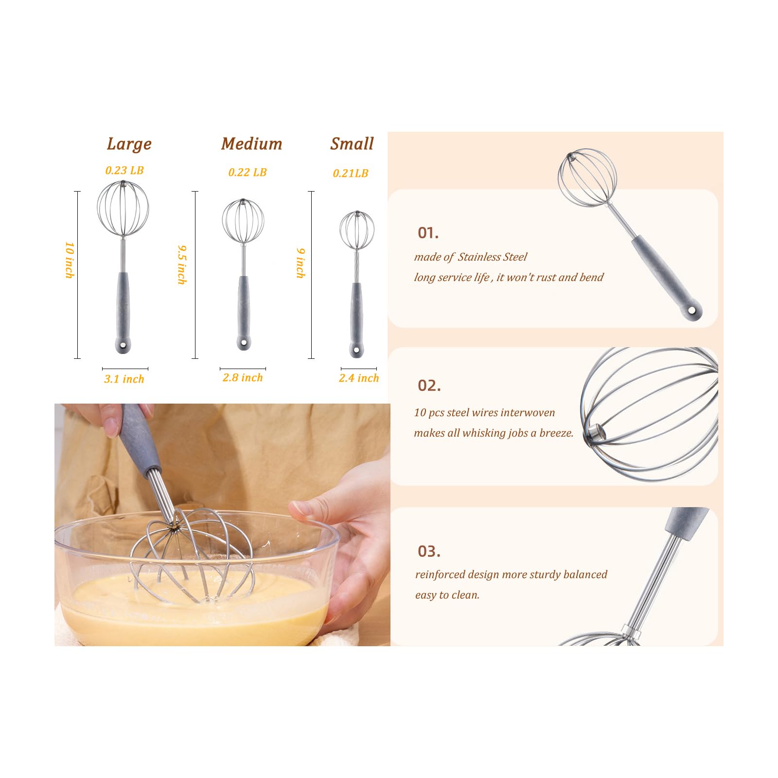 Stainless Steel Whisk Set Dough Whisk Egg Beater Ball Wire Whisk for Cooking,Whisking, Beating, Stirring Batters Jam 3 Packs (10