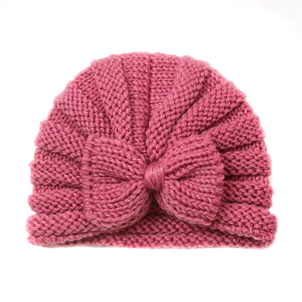 Surakey Baby Girl Hat Baby Winter Hat Cute Bow Knit Infant Hats Sleeping Coldproof Warm Newborn Girls Beanie for 0-6 Months (Dark Pink)
