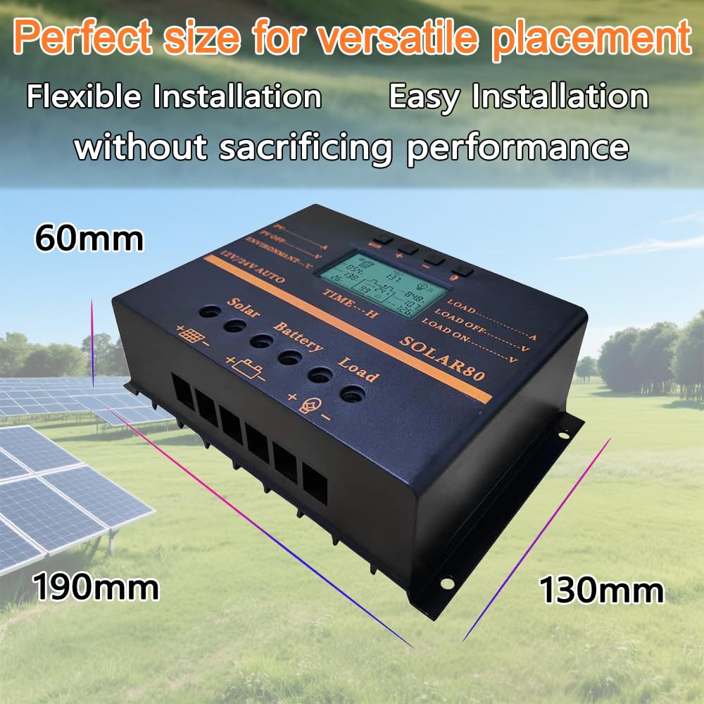 Regolatore di carica solare 80A, Regolatore di carica batteria Auto 960W / 1920W 12V / 24V con display LCD Caricatore di alimentazione mobile 5 V USB Dissipatore di calore potenziato (80A)