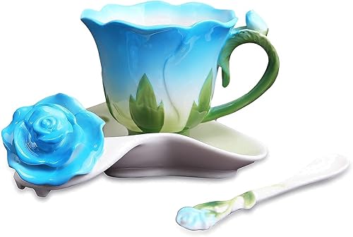 3 tazas de porcelana con diseño floral y cuchara, Vajilla, Azul