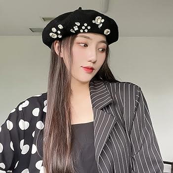 超美品　黒　ウール100% ベレー帽 ビジュー付き ビジューハートチャーム付きベレー帽 – レディースファッション