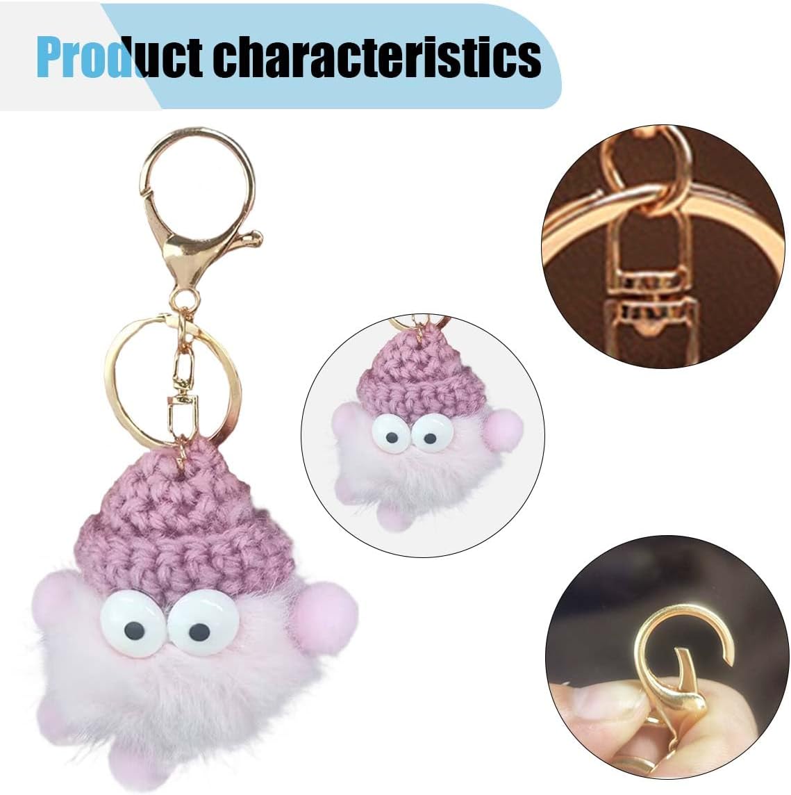 JOYCOURT Cute Plush Keychain, Kawaii Fluffy Ball for Car Keys Decoration, Key Ring Pendant Accessory for Vehicle Handbag Backpack Purse (Pink) image 3