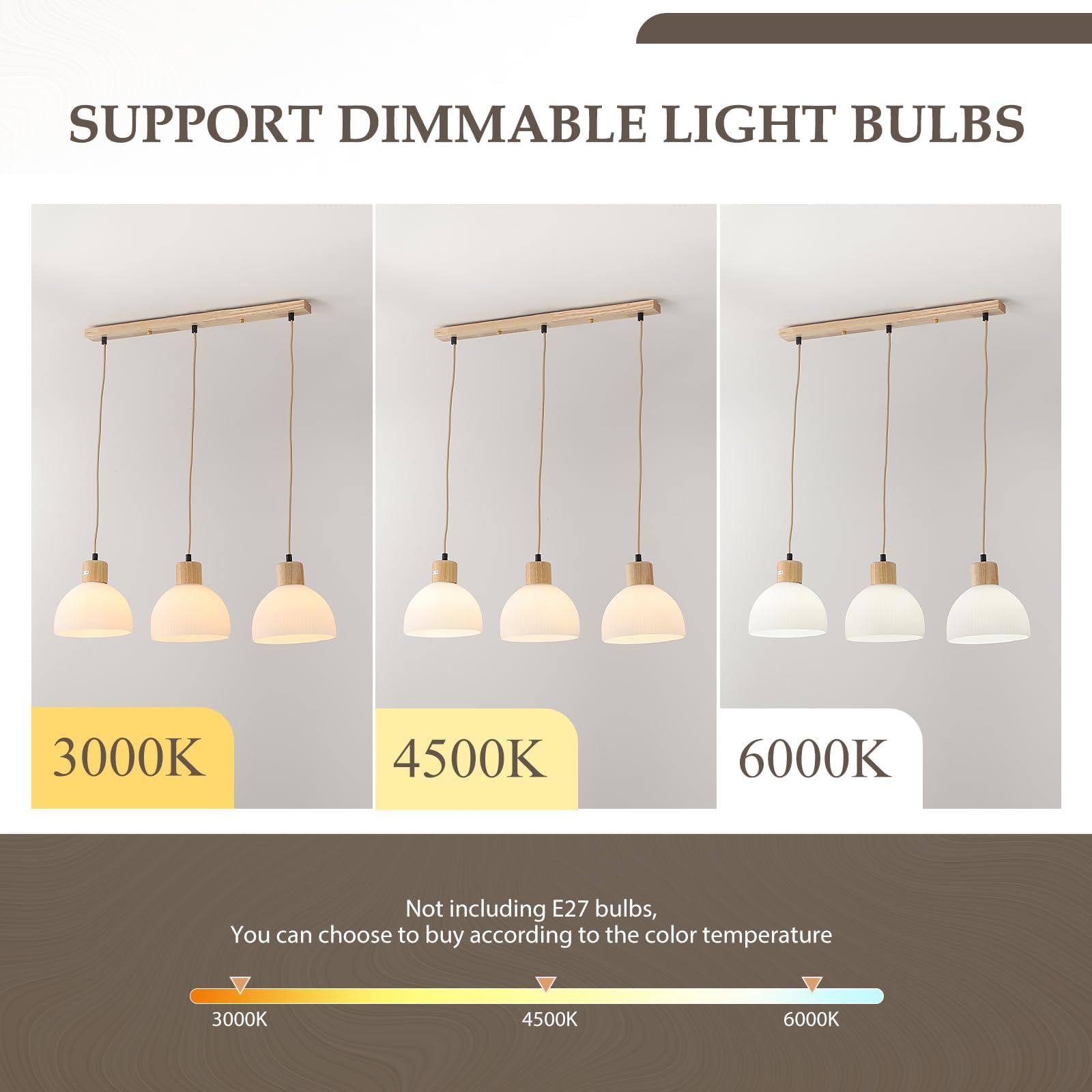 3 LumièRes Suspension Luminaire,Bois Et Verre Blanc Lustre Salon E27 Cuisine Lampe Hauteur RéGlable Vintage Luminaires IntéRieur Pour Chambre Deco