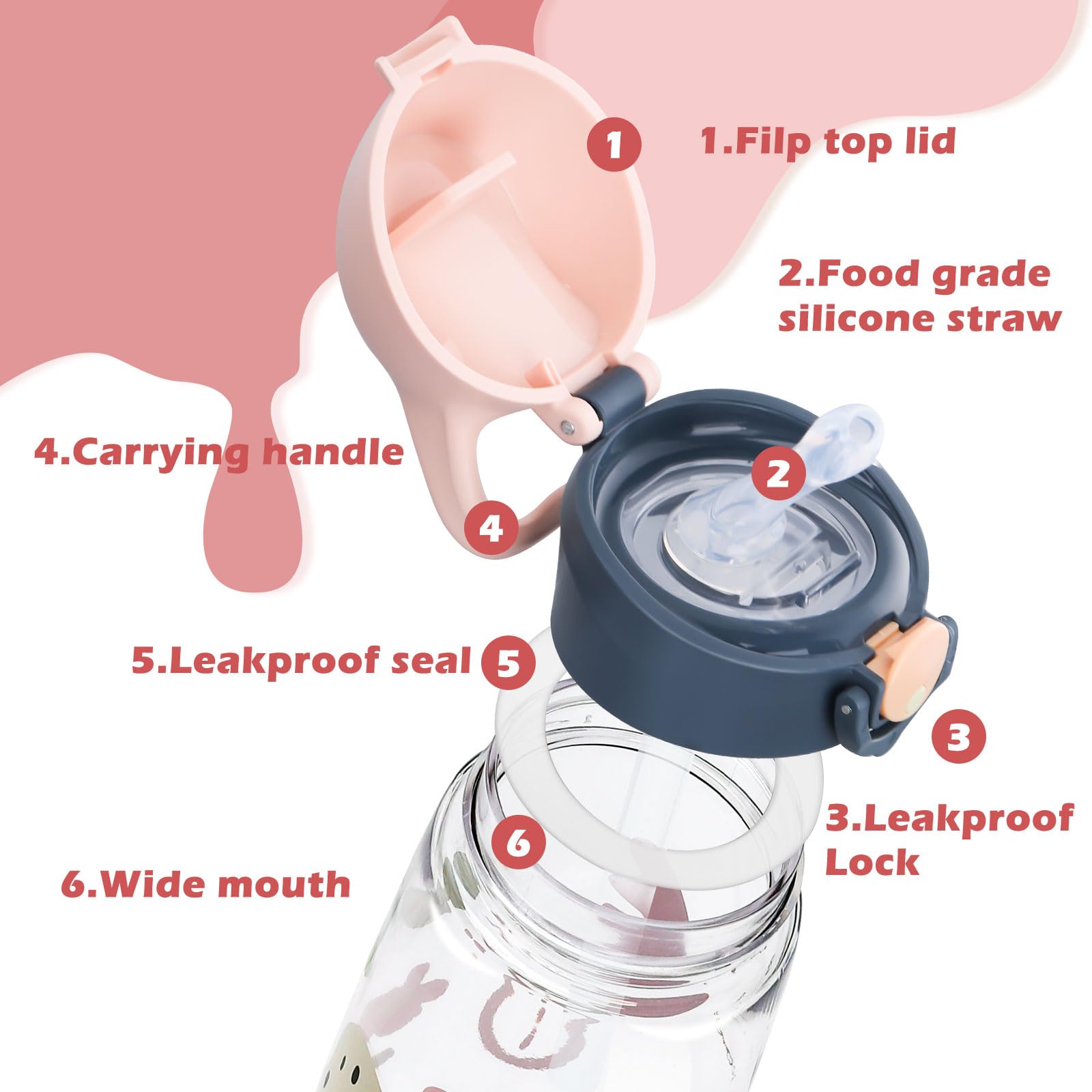 Borraccia Per Bambini Sigdio Con Cannuccia - Senza BPA, Impermeabile, Con Tracolla, Color Rosa - Foto 1