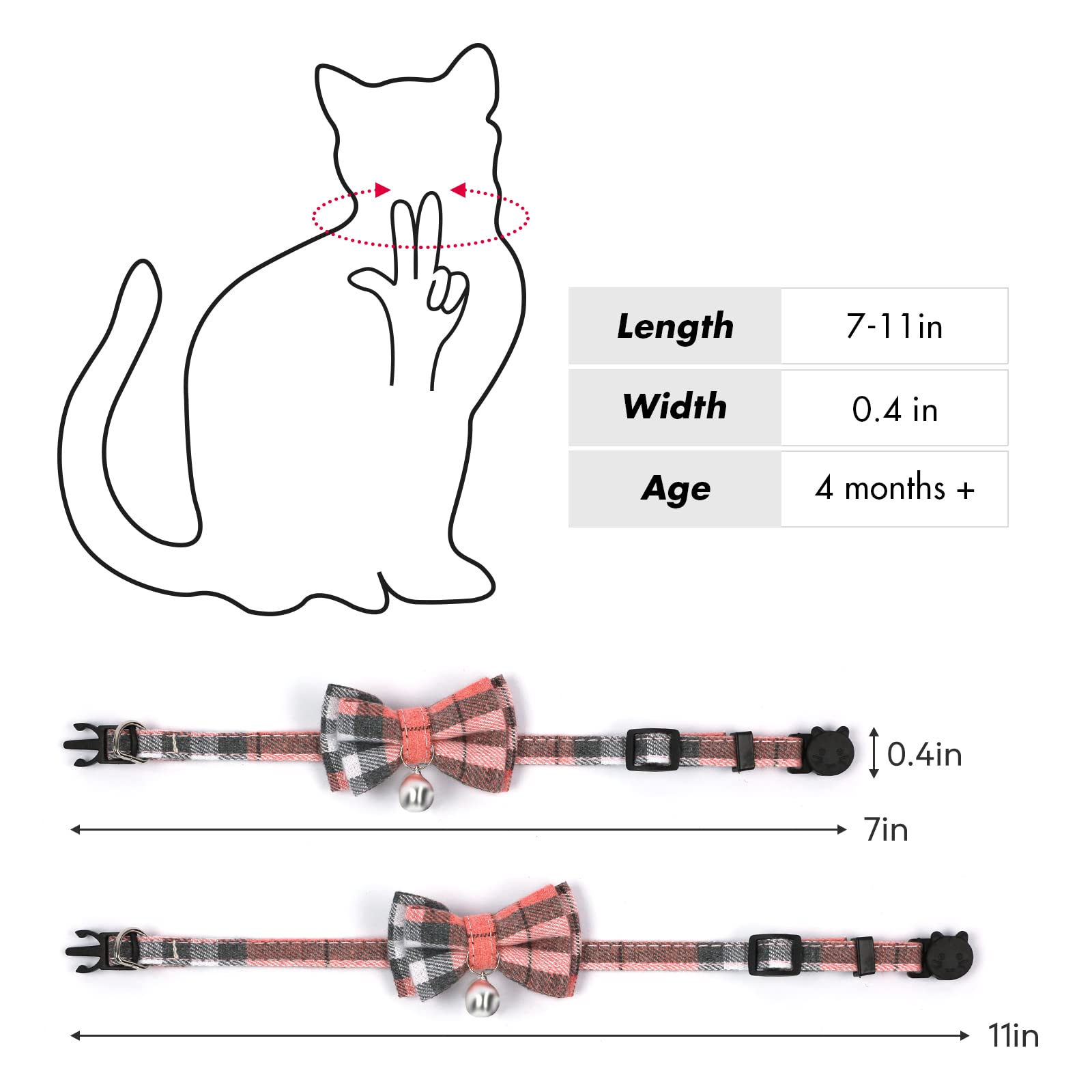BuntyJoy Breakaway Cat Collar with Cute Bow Tie and Bell, Cat Collars for Boy Cats and Girl Cats, Safety Kitten Collars, Stylish Plaid Patterns, 1 Pack Pink