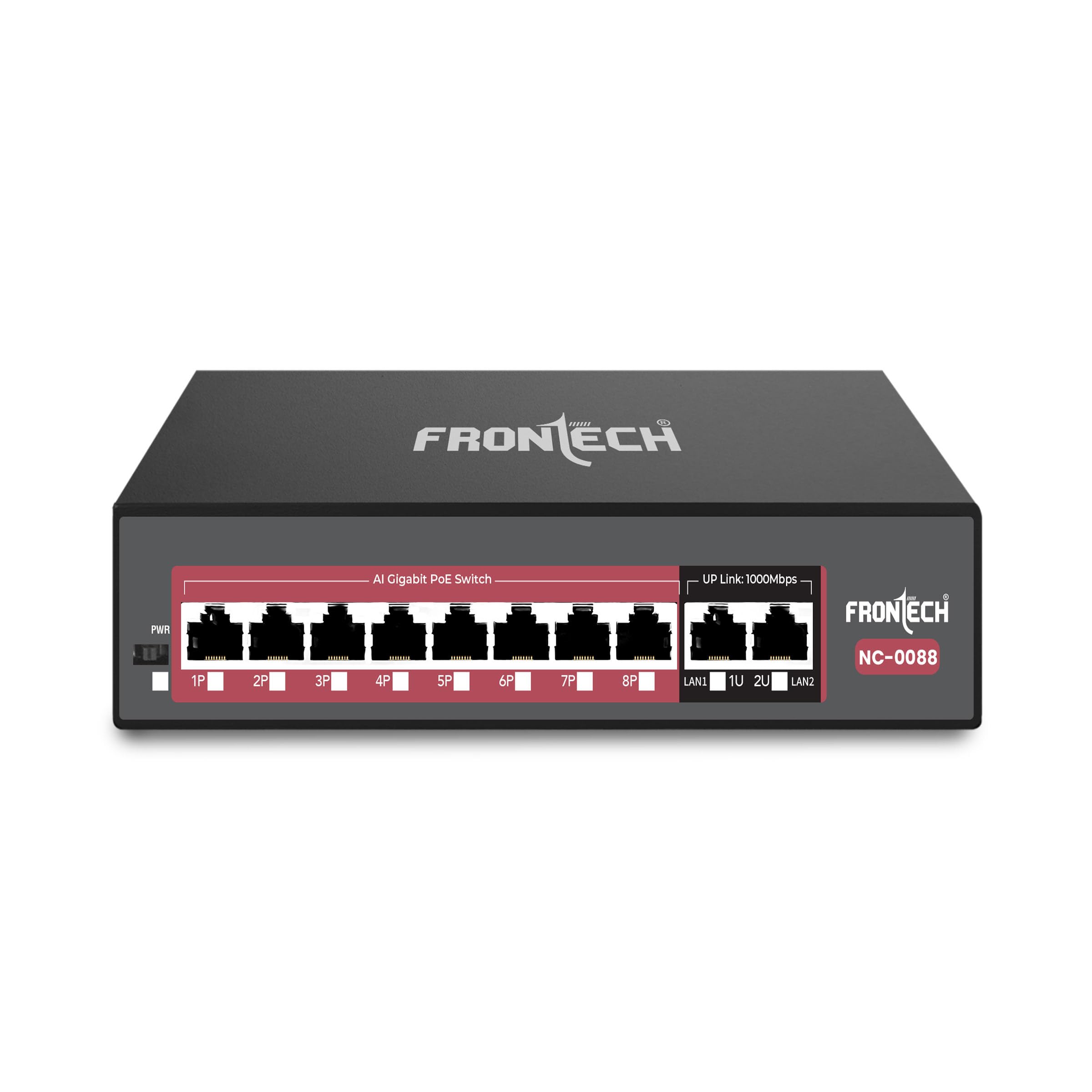 frontech 8 port gigabit poe+ switch with 120w poe budget | uplink ports | ai extend mode up to 250m | plug & play network switch for cctv, ip camera, wifi ap & office network (nc-0088)