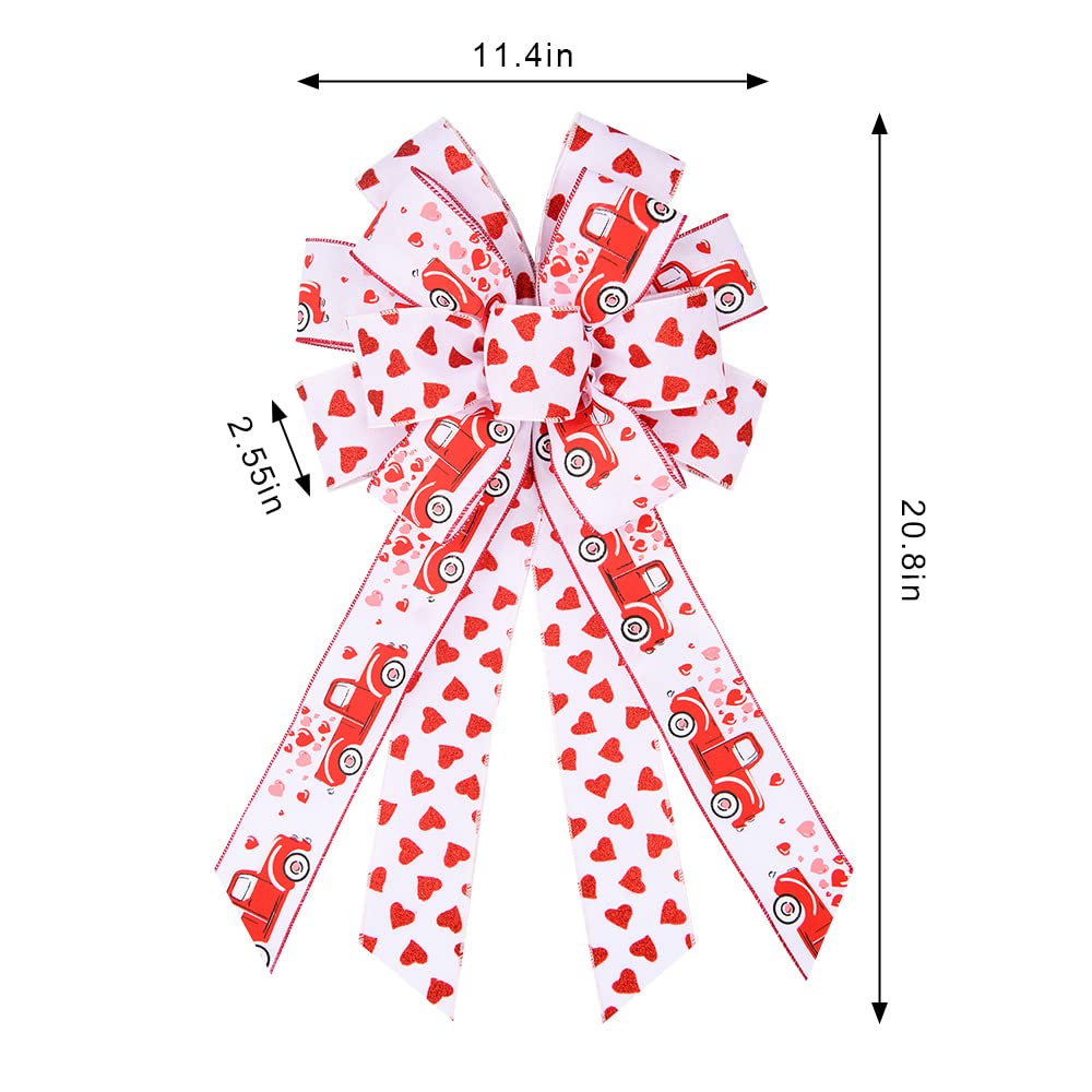 Large Valentines Day Wreath Bows, Valentine Red Heart Spots Truck Bows for Wreaths - Large White Burlap Bows for Valentine's Day Gift Wreath Wedding Party Holiday Indoor Outdoor Decoration Supplies