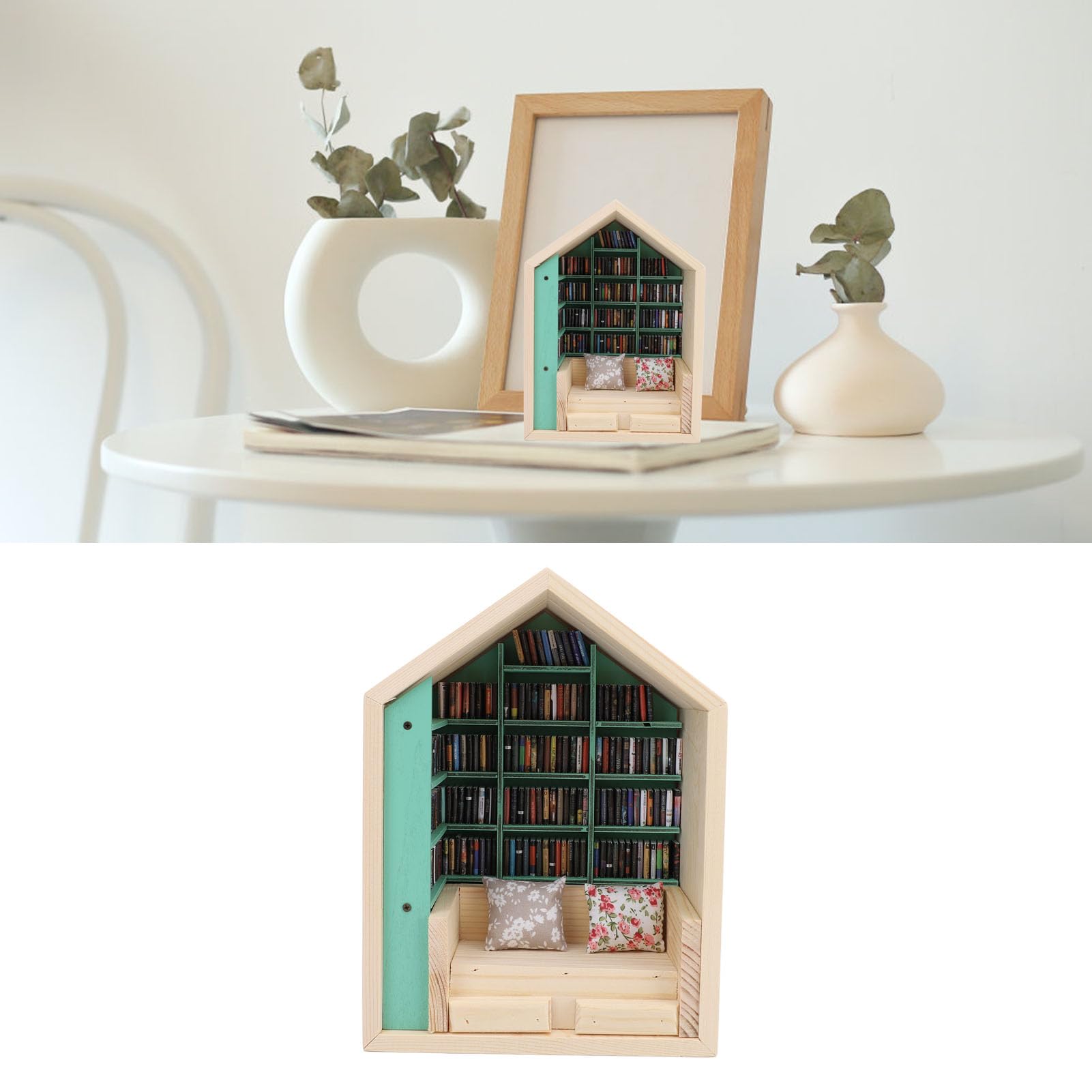 Mini Maison en Bois avec Bibliothèque, Kit de Mini Maison Décorative en Bois, Exquise et Mignonne, Longue Durée de Vie, pour Chambre, Bureau, Magasin