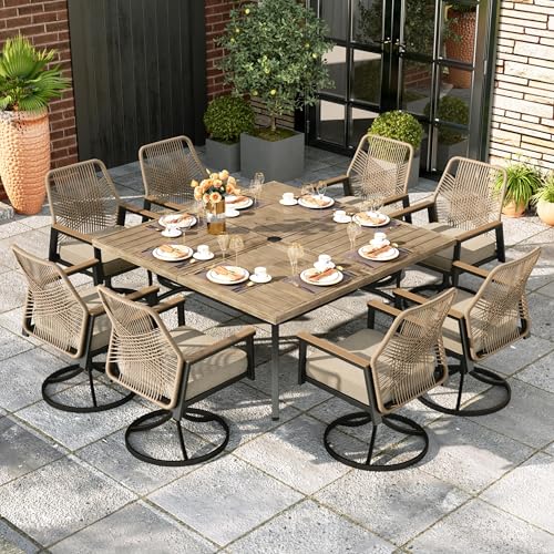Image of MIXPATIO 9 Pcs Outdoor Dining Set, 8 Rattan Swivel Chairs with Soft Cushion and 57.5 inch Square Table with Umbrella Hole, Patio Table and Chairs for Backyard Porch