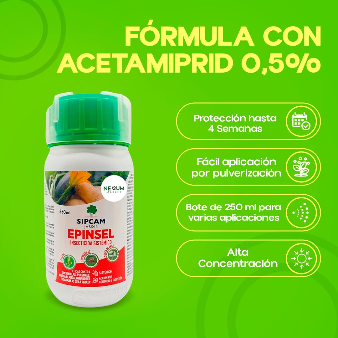 Insecticida Sistémico Epinsel 250ml | Insecticida Eficaz Anti Pulgones, Cochinilla, Mosca Blanca, Escarabajo de Patata y Minadores | Protección Hasta 4 Semanas en Jardines y Huertos | Nexum Market