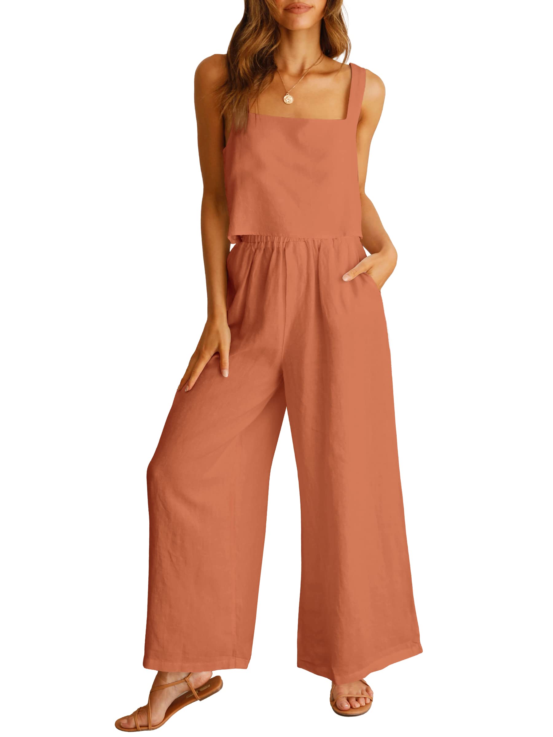 ANRABESS Women's Piece Outfits Linen Pants Jumpsuit Matching Lounge Set  Casual Summer Beach Vacation Trendy Clothes