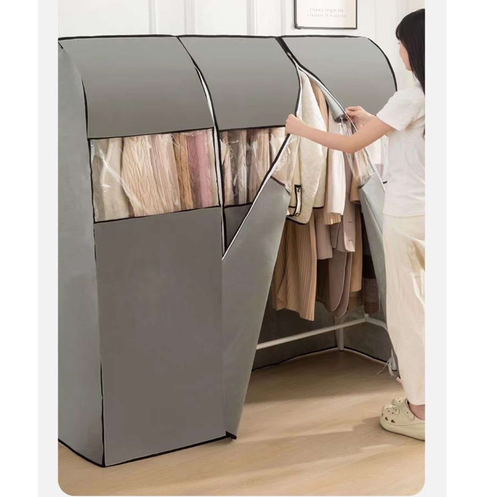 Staubdichte Schutzhülle für Kleiderstangen, atmungsaktive Kleiderständerhülle mit robusten Reißverschlüssen, für Kleiderständer, Mäntel, Grau – 150 cm