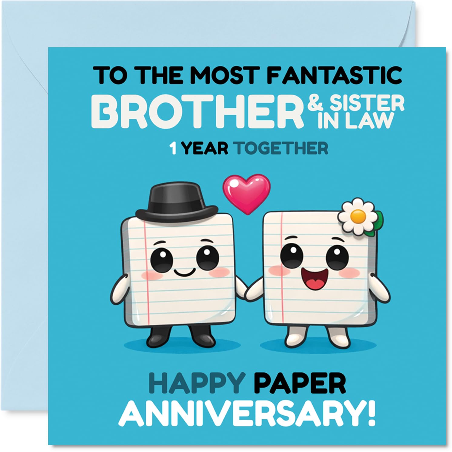 Cute 1st Anniversary Card for Brother & Sister in Law - A Year of Laughs Together - Adorable Cartoon Couple with Playful Paper Anniversary Vibes - 145mm Square, Envelope Included