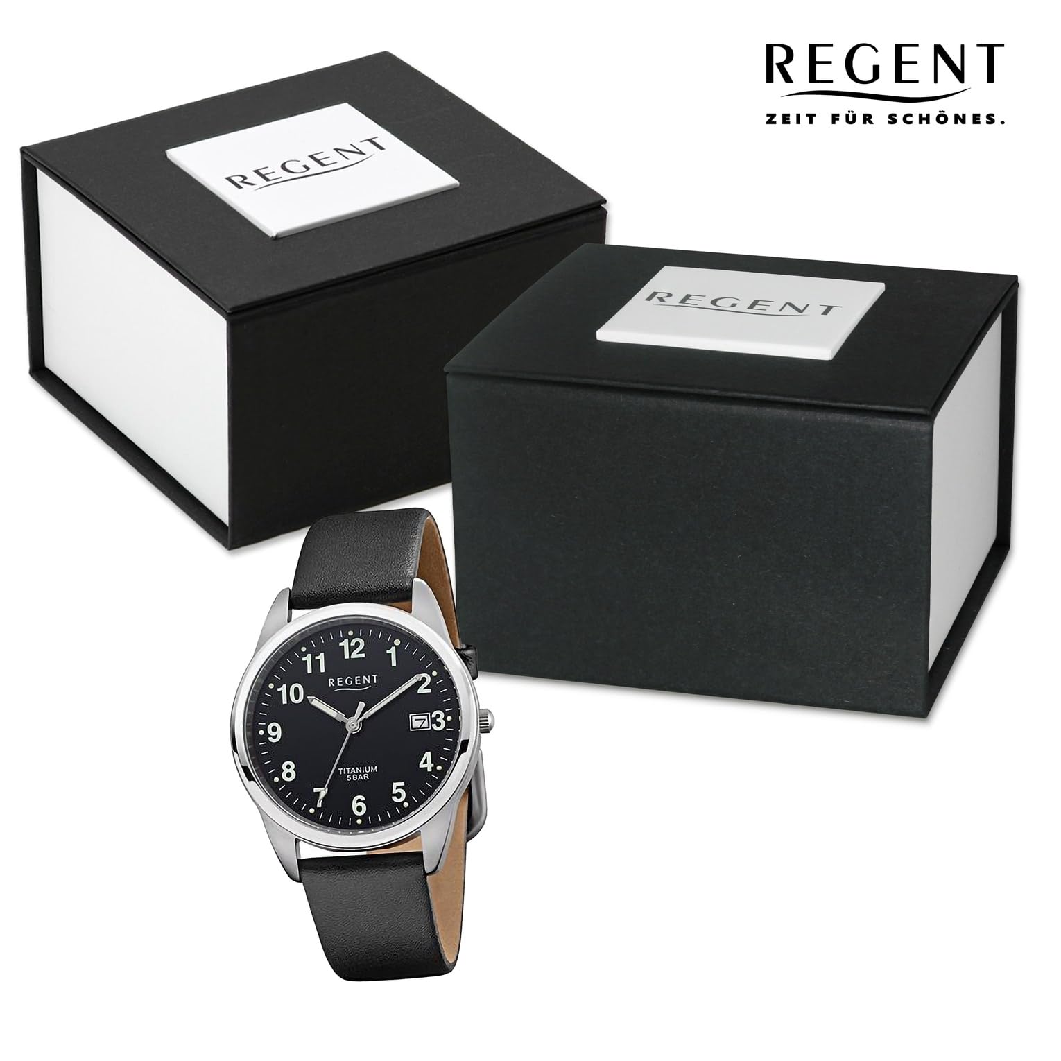 REGENT Herren Armbanduhr Analog Lederarmband schwarz URF1271 Analoguhr