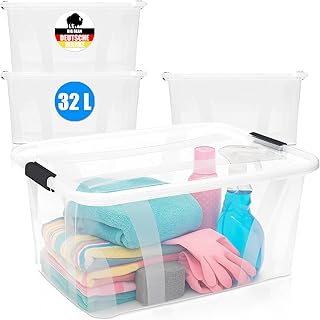 BigDean Set of 4 Storage Boxes with Lid, Transparent, 32 L + Clip Closure, Stacking Box, Organiser Box, Clip Box, Storage Box with Lid, Transparent Box with Lid, Stackable