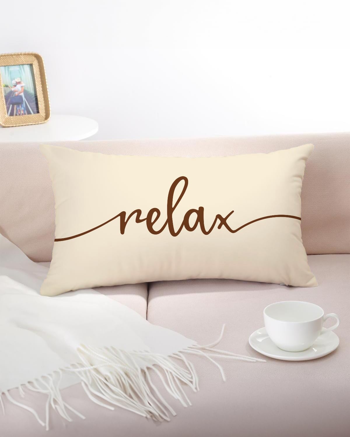 Farmhouse 'Relax' Lumbar Pillow Cover 12x20 Inch - Rustic Decor For Couch & Porch, Cozy Housewarming Gift (White)