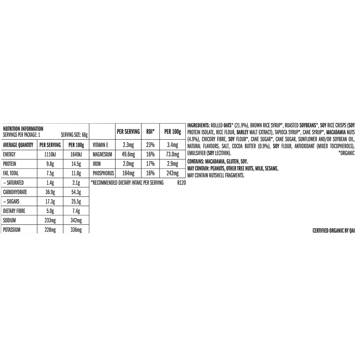 CLIF Bar White Chocolate Macadamia, 12x68g