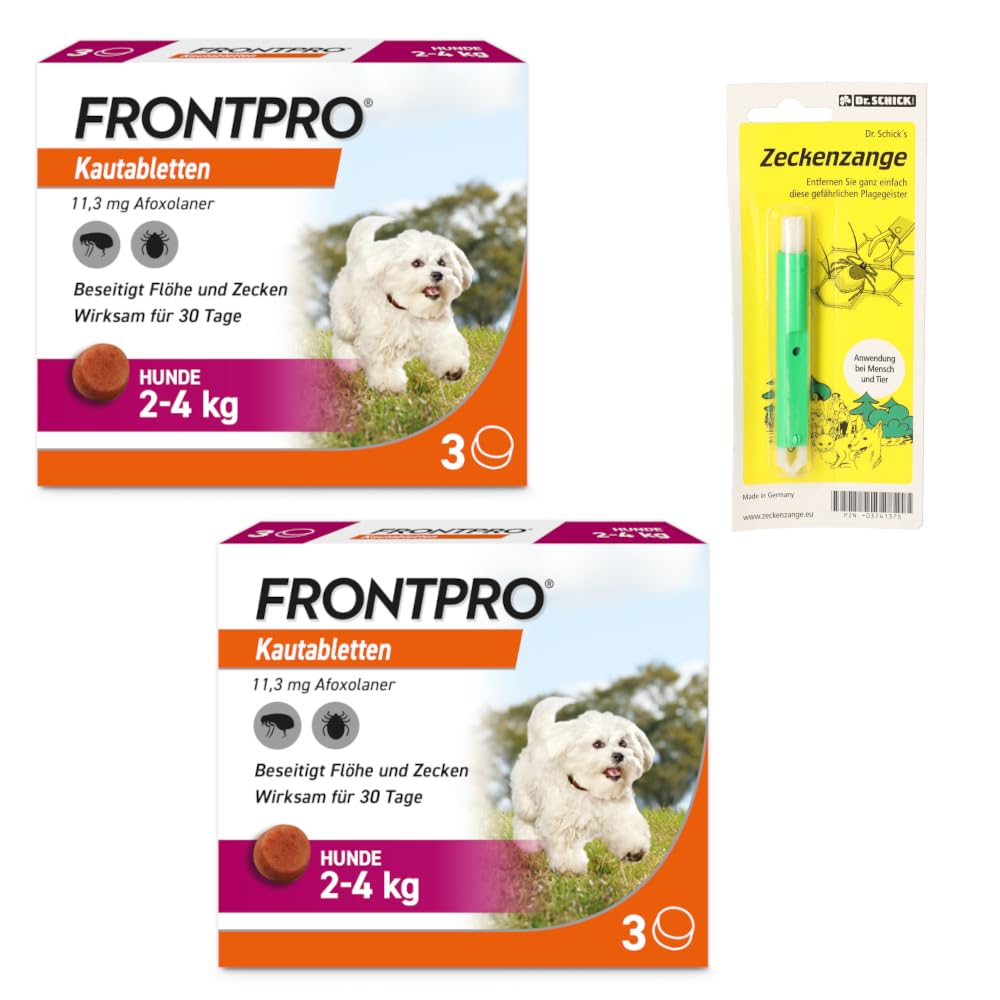 FRONTPRO Kautabletten für Hunde 2-4kg Doppelpack gegen Zecken und Flöhe mit Zeckenzange: Schutz für 30 Tage