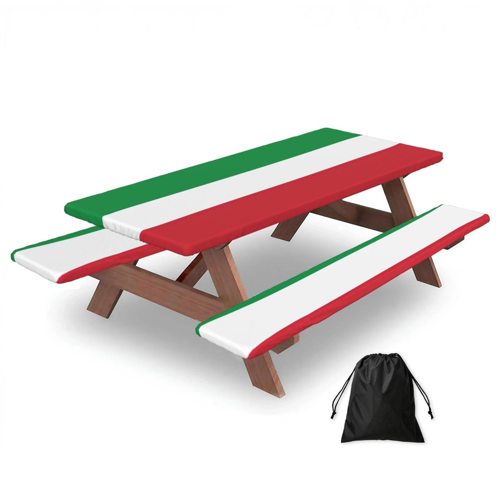 Duwaa Black Italian Flag Print 183Cm Picnic Table Cover With Bench Covers, Waterproof Elastic Tablecloth Set For Outdoor