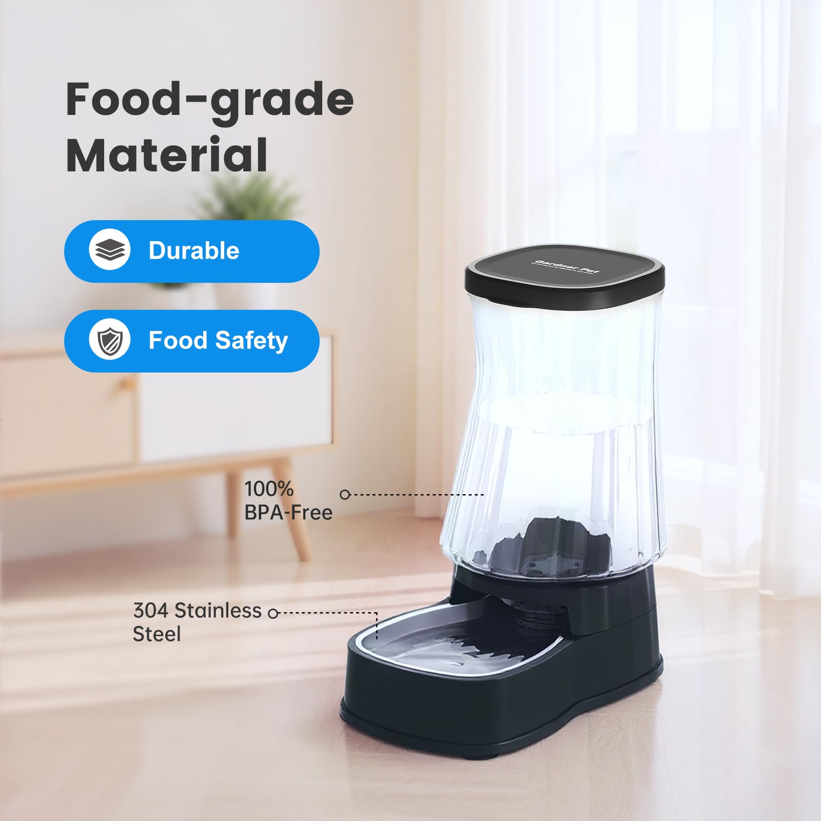 Gardner Pet 6L Dispenser Acqua Gatti, Dispenser Acqua Cani con Ciotola in Acciaio Inox, GravitÀ Abbeveratoio per Cani Non è Richiesta ElettricitÀ, Senza BPA, Nero