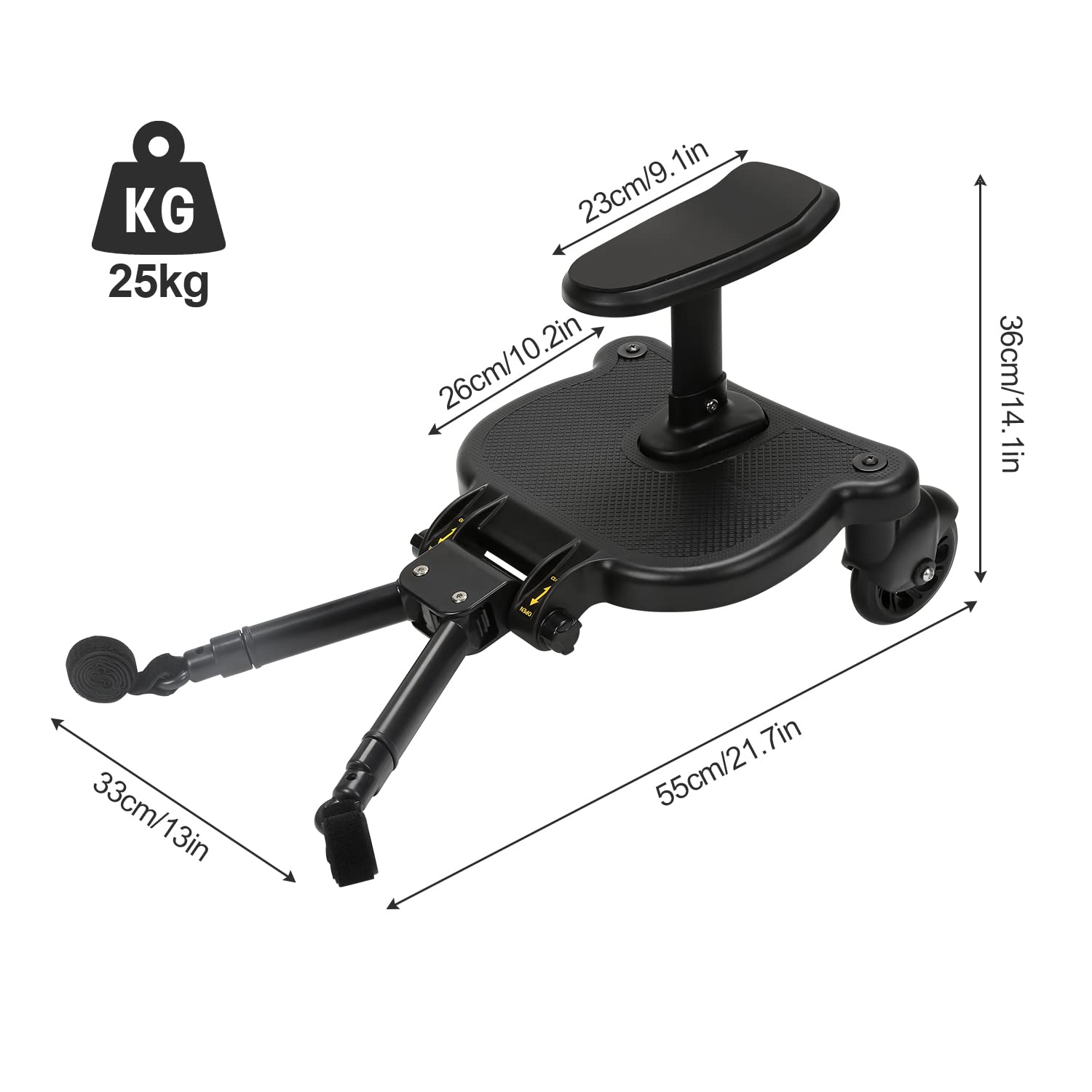 Buggy Board mit Sitz, Kiddy Board Trittbrett, Universal Stehbrett, 360°Zweirad Design, Kinderwagen Zubehör, mit Kinderwagensitz, passend für jeden Kinderwagen erhältlich(Schwarz)