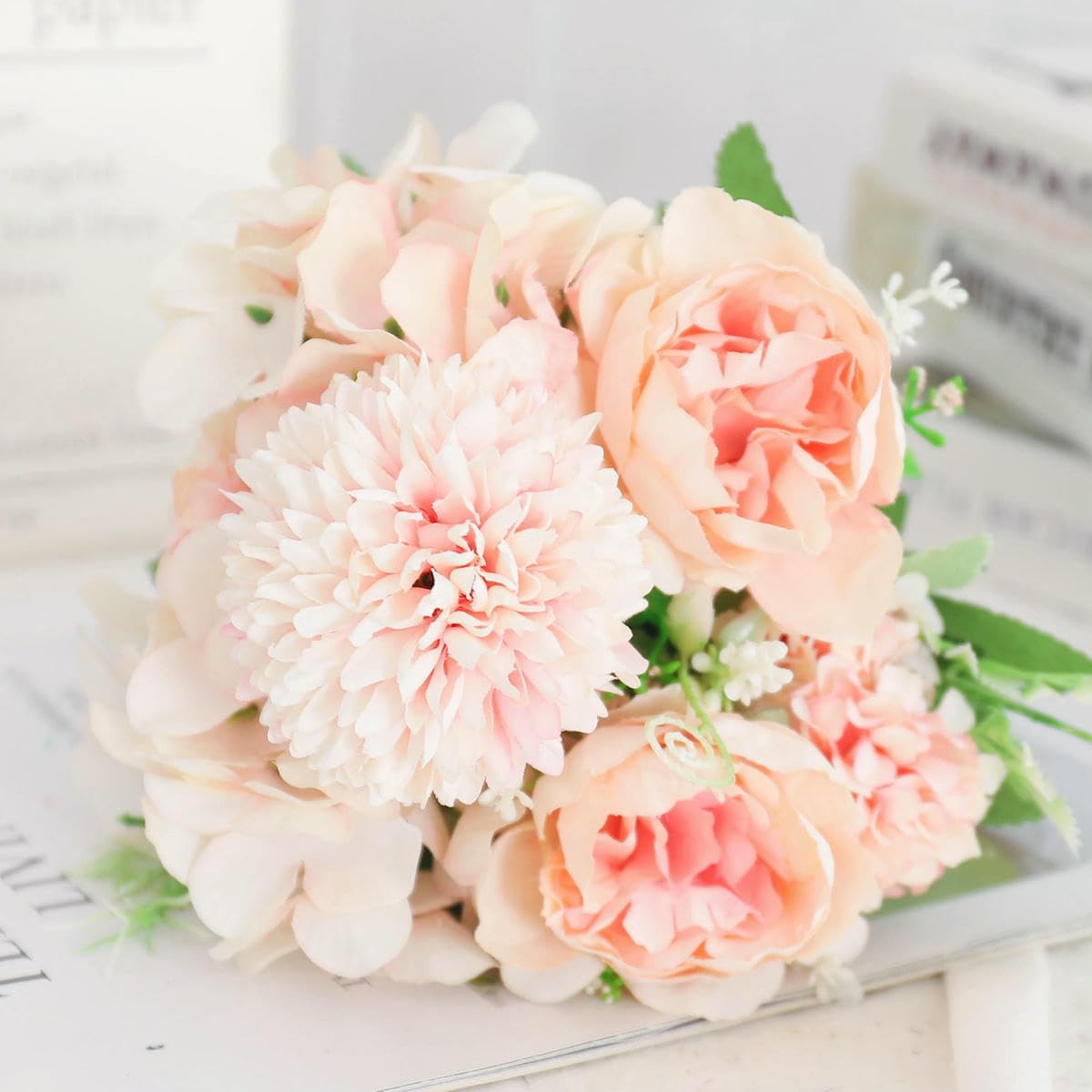CVJdfhRE fake flowers， Artificial Flowers Silk Peony Hydrangea For Living Room Home Decoration Wedding Bride Bouquet Rose Fake Plants Table Accessories(Champagne Pink)