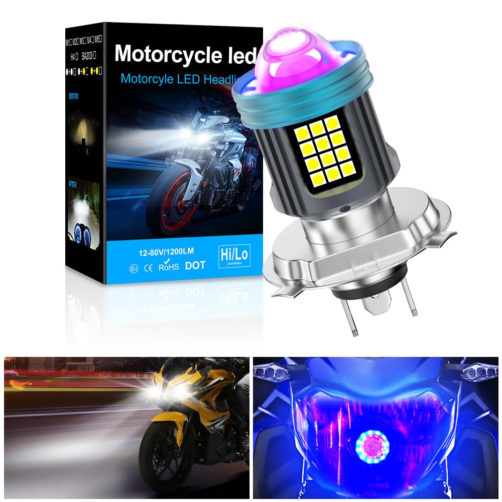 KaiDengZhe H4 LED Headlight Bulb Motorcycle with Blue-ray Angel Eye Devil Eye, 1PCS Moto 9003/HB2 High Low Beam Light with 4 Lighting Modes, 12V-80V 3000LM LED Bulb with HD Projector (White)