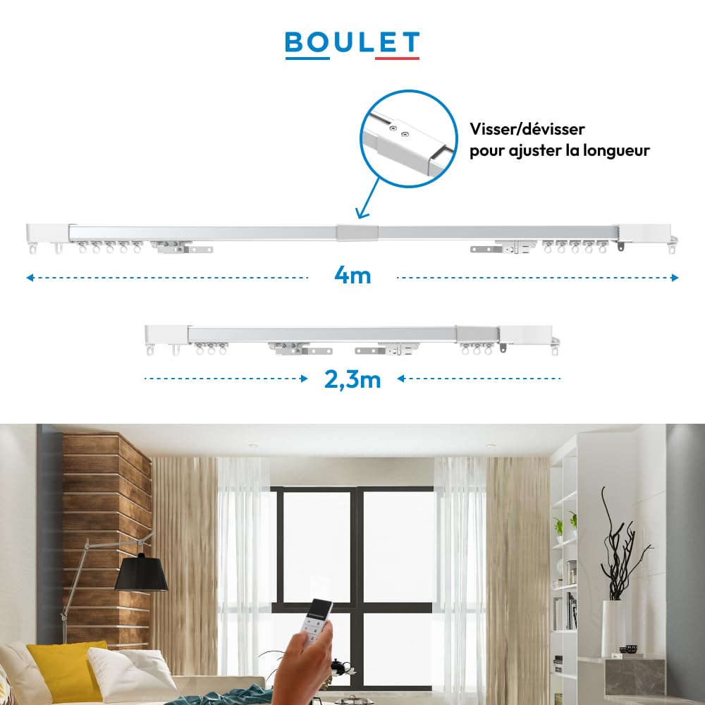 Boulet Rail Rideau motorisé Batterie Rechargeable Extensible 230-400cm – Télécommande – sans Fil – 20kg – Aluminium