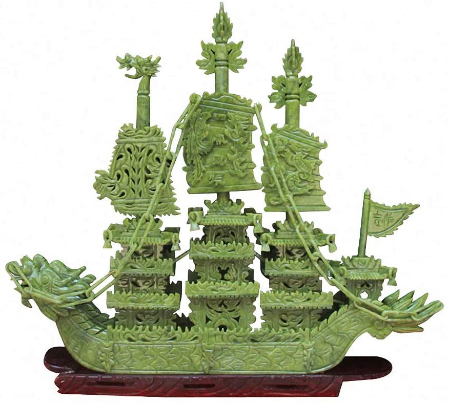 Amazon.com: 中國天然綠玉石雕風水龍帆船鳳凰香船雕像(高66.0 公分x 長