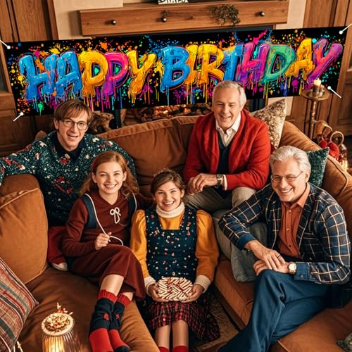 Image of Nuxovilar Happy Birthday Splashing Paint Banner 18x79 Polyester | Street Poster, Panoramic Sign splashing paint banner, spray art gate, porch, playroom (Paint Splash)