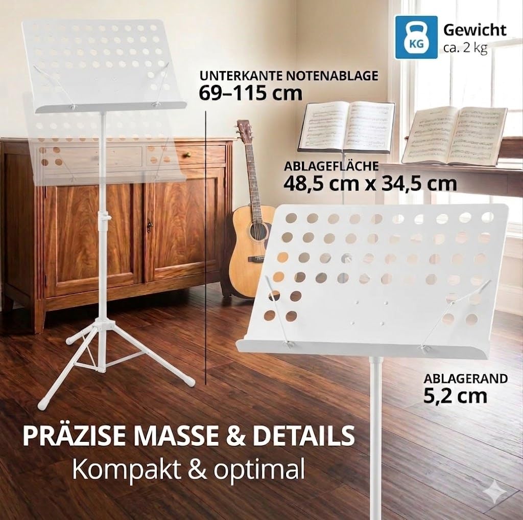 Infitronic INNPWSET01 – Atril de orquesta blanco – Atril estable regulable en altura (90 – 150 cm) con bandeja perforada + bolsa de transporte+luz para atril + partituras