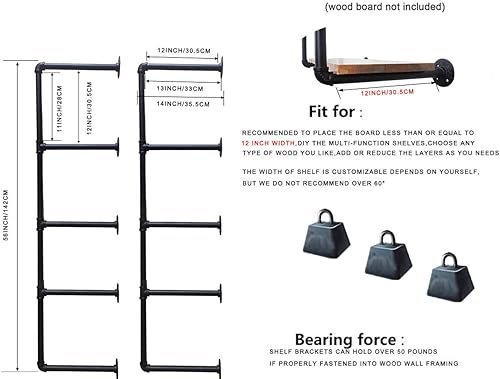 Miniatura 3 de Estantería industrial de tubería de hierro para montaje en pared, estante vintage retro colgado, negro, estantes abiertos de almacenamiento para