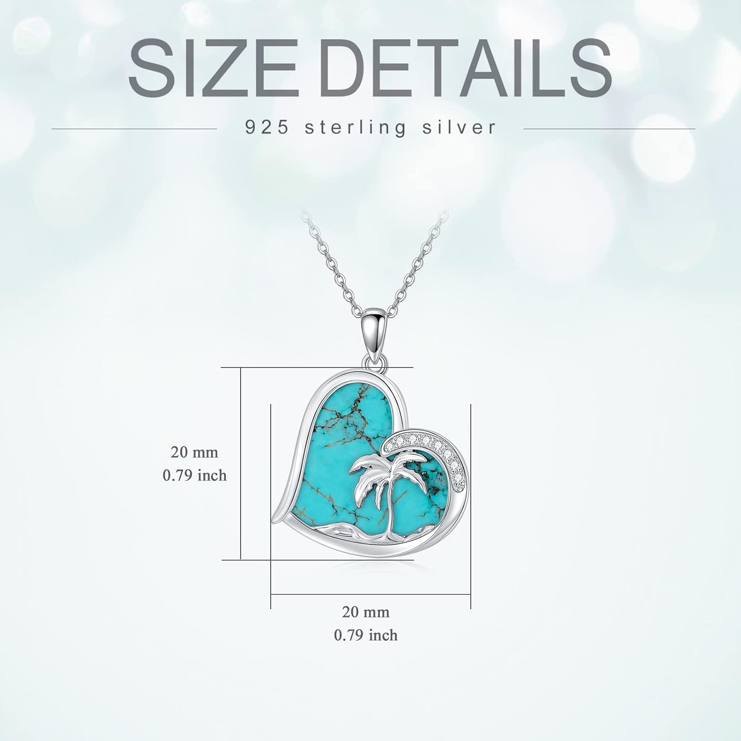 Turquoise Palm Tree Necklace 925 Sterling Silver Natural Blue Turquoise Heart Pendant Summer Beach Necklace Genuine Gemstone Jewelry Gifts for Women - Image 6