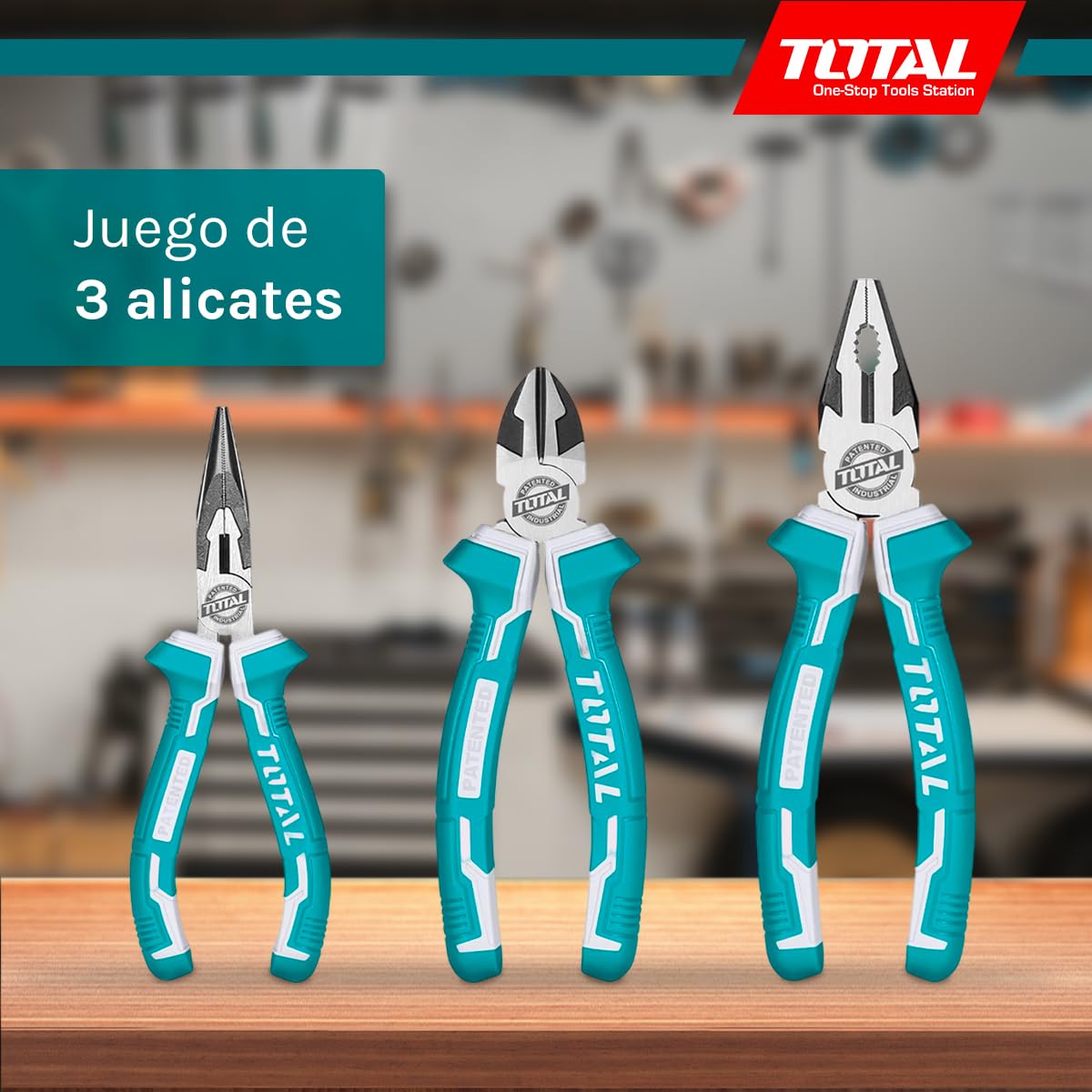 TOTAL - Juego de 3 Alicates - Universal 180 mm - Corte Diagonal 160 mm - Boca Plana 160 mm - Mango Ergonómico de Fibra - Acero - Ideal para Bricolaje y Electricistas - Peso 650 Gr
