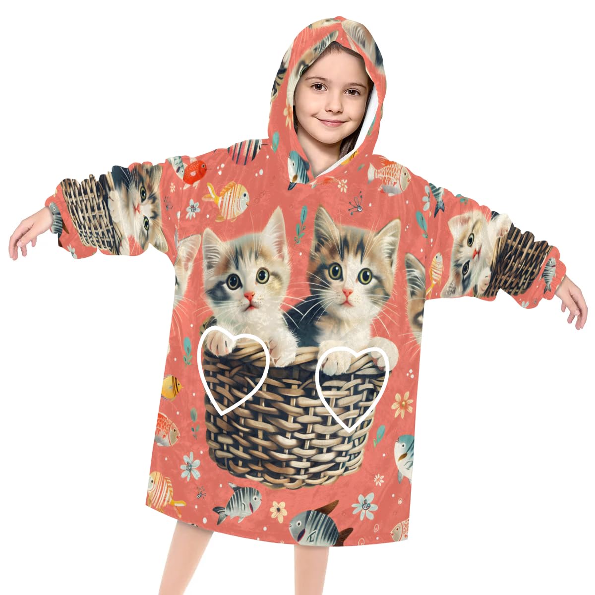 Wearable Blanket Hoodie for Kids, gentle cats Fleece Sweatshirt Blanket Oversized Blanket Sweatshirt with Pocket Flannel Warm Hooded Blanket 6-10 Year Old Girl Boy Gift, One Size