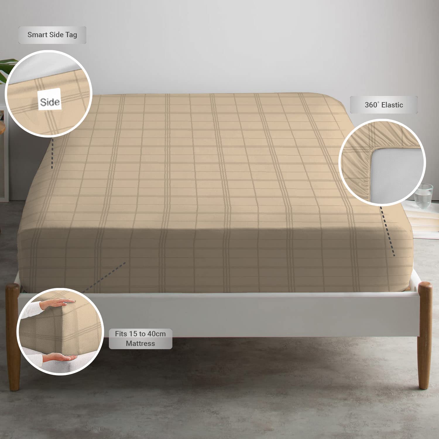 Pizuna 100% Cotton Taupe Big Checks Fitted Sheets, 300 Thread Count Long Staple Combed Cotton Damask Bedding - Image 3