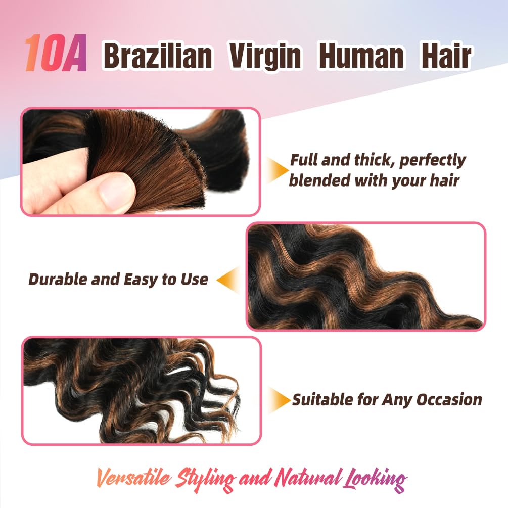 "Human Braiding Hair, 2 Bundle 100g 20 Inch Boho Braids Human Hair 10A Deep Wave Bulk Brazilian Virgin No Weft Wavy Hair Extension for Boho Knotless Balayage Black to Brown"