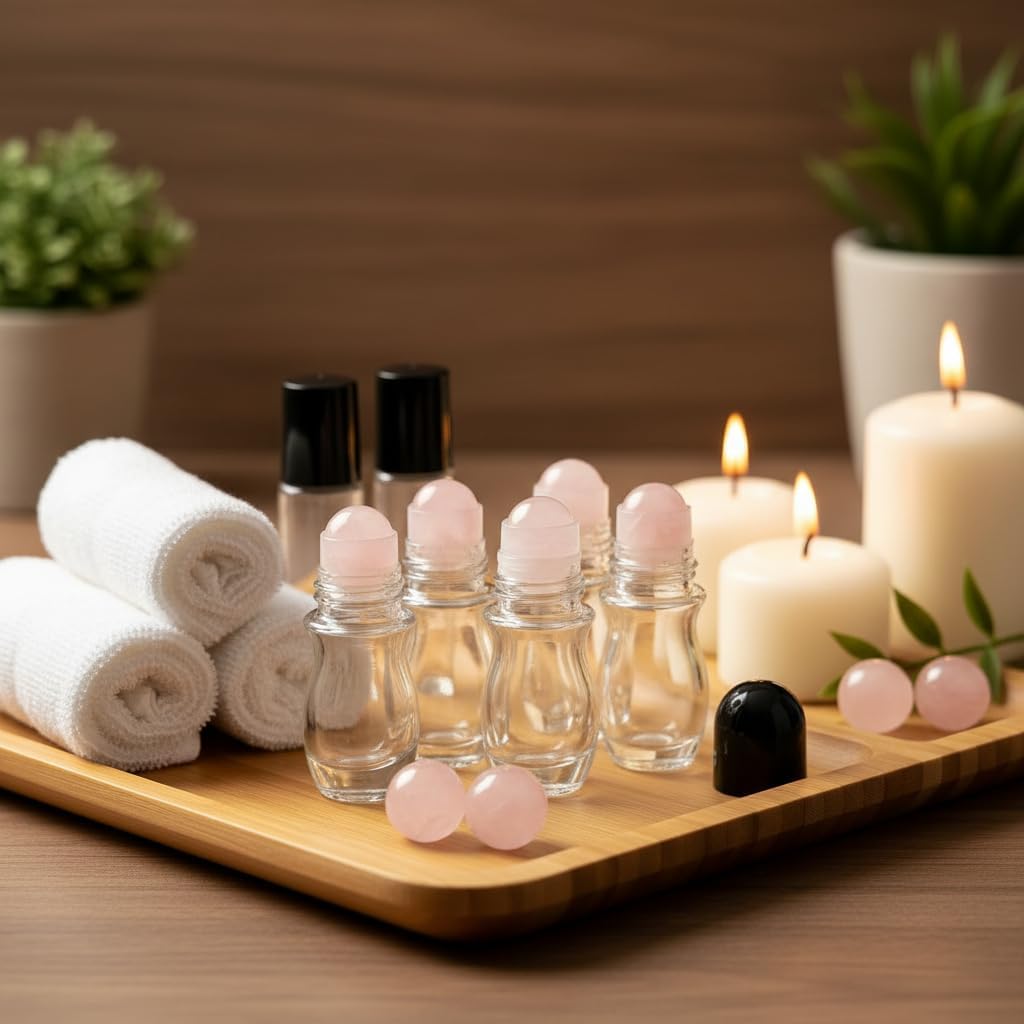 2 Pcs 50ml Glass Roll On Bottles with Jade Roller Balls Leak-Resistant Design for Essential Oils, Perfume & DIY Deodorant Refillable, Includes Funnel & Opener ( Oval) (50ML Pink transparent bottle)